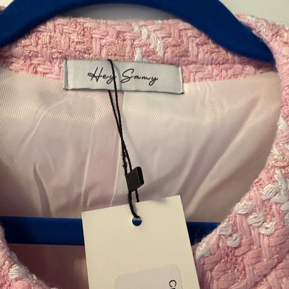 Women's Jewelry Buttons Knitted Tweed Pink Crop Blazer Jacket - pink M/L - Picture 4 of 5